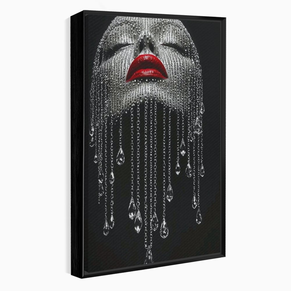 Tablou canvas cu tablou portret femeie cu cristale si buze rosii, in rama de aluminiu negru